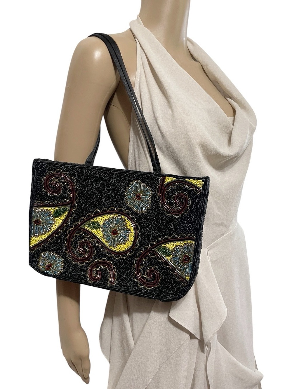 Studio Barse fully beaded handbag black yellow green paisley floral design